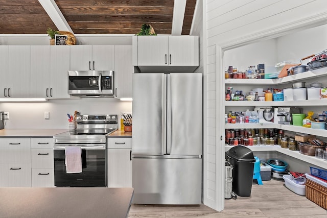 kitchen featuring light hardwood / wood-style floors, wooden ceiling, stainless steel appliances, white cabinets, and beamed ceiling