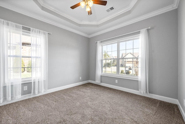 spare room featuring carpet floors, ceiling fan, a tray ceiling, and ornamental molding