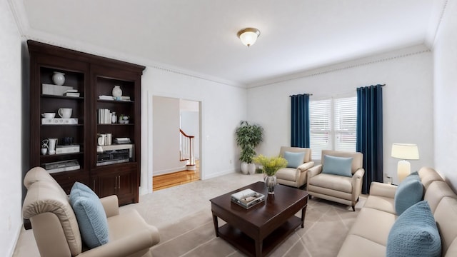 carpeted living room with crown molding