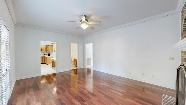 unfurnished living room with ceiling fan, light hardwood / wood-style flooring, ornamental molding, and a fireplace