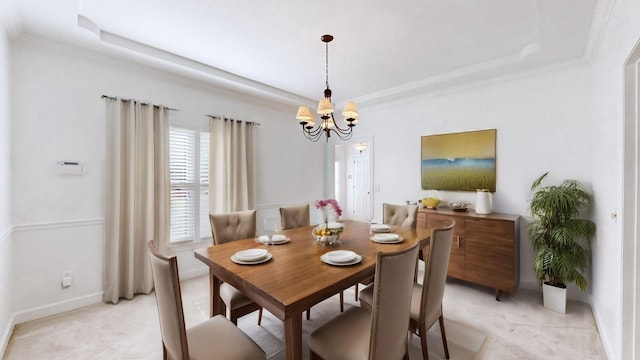 carpeted dining room featuring a raised ceiling and a notable chandelier