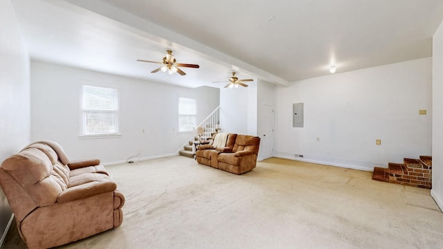 living room featuring ceiling fan, electric panel, carpet floors, and beamed ceiling