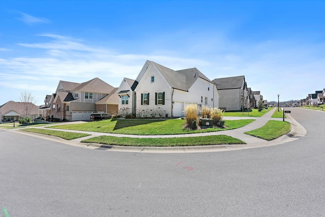 view of front facade with central air condition unit, a residential view, and a front lawn