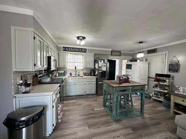 kitchen featuring stainless steel appliances, dark wood finished floors, a sink, and light countertops