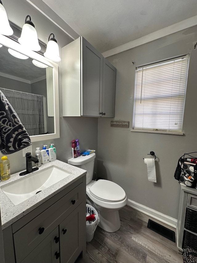 bathroom with toilet, wood finished floors, vanity, visible vents, and baseboards