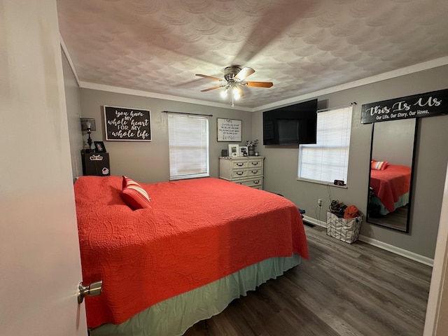 bedroom with baseboards, dark wood finished floors, ceiling fan, a textured ceiling, and crown molding