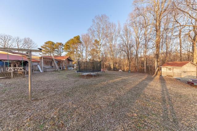 view of yard with a storage shed and a trampoline