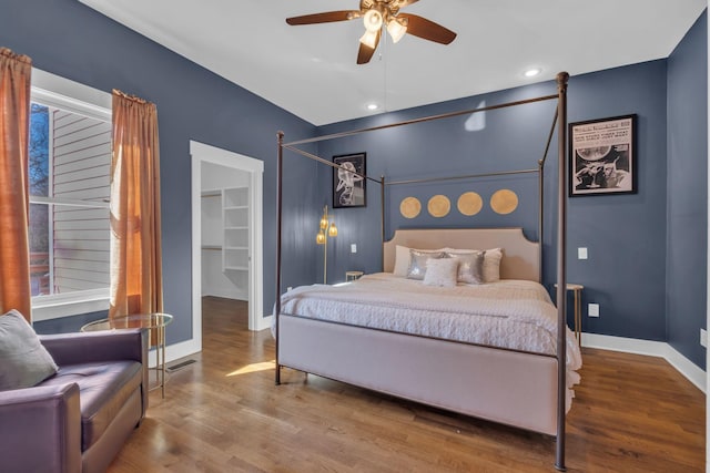 bedroom featuring ceiling fan, a walk in closet, a closet, and hardwood / wood-style flooring