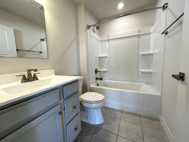 full bathroom with shower / bath combination, toilet, vanity, and tile patterned flooring