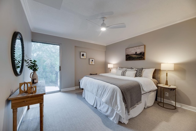 carpeted bedroom featuring ceiling fan, ornamental molding, and access to outside