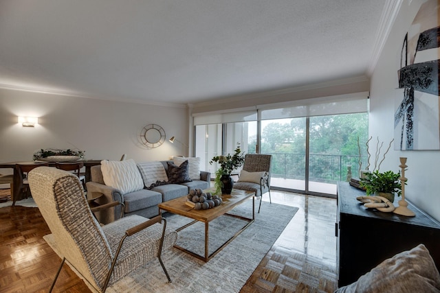 living room with parquet flooring and crown molding