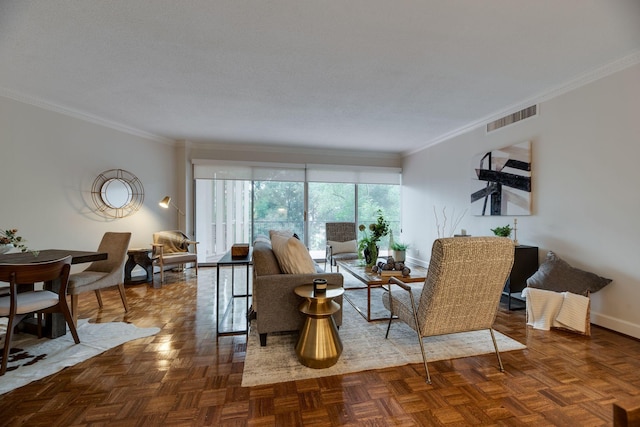 living room with a textured ceiling, dark parquet flooring, and ornamental molding