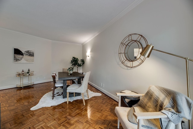 dining area featuring ornamental molding and parquet flooring