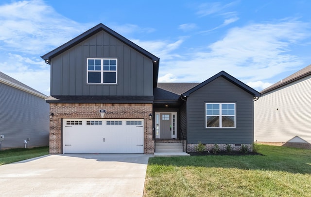 craftsman inspired home featuring a front lawn and a garage