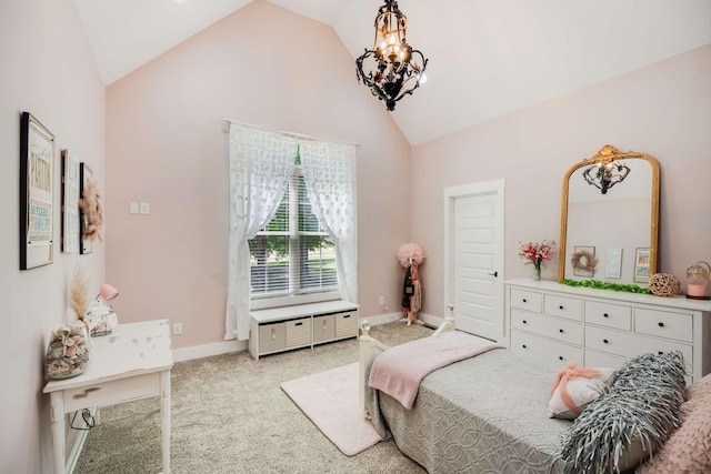 bedroom featuring high vaulted ceiling, carpet, and a chandelier