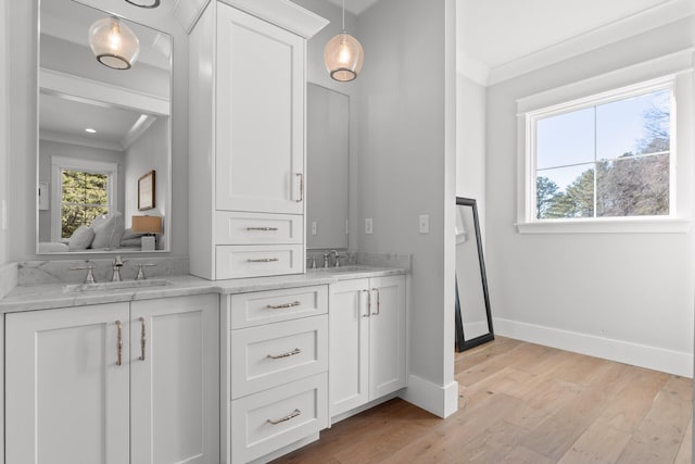 bathroom with hardwood / wood-style floors, vanity, and crown molding