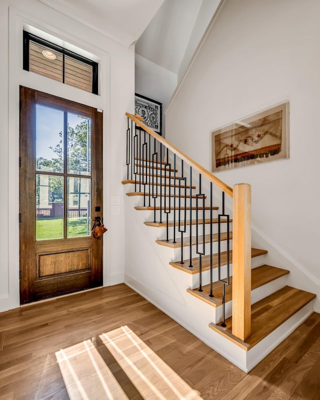 entrance foyer featuring a towering ceiling and wood-type flooring