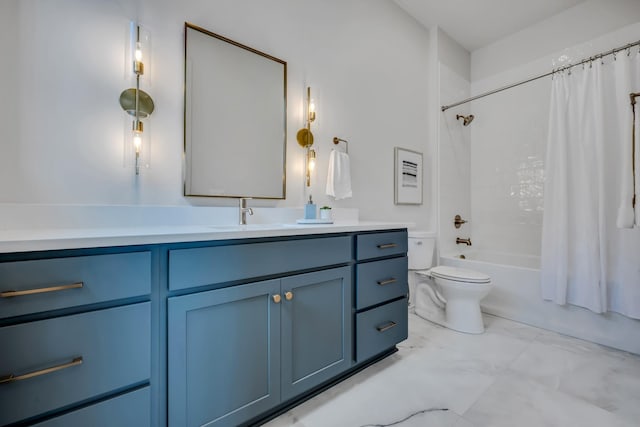 full bathroom featuring toilet, shower / bathtub combination with curtain, and vanity