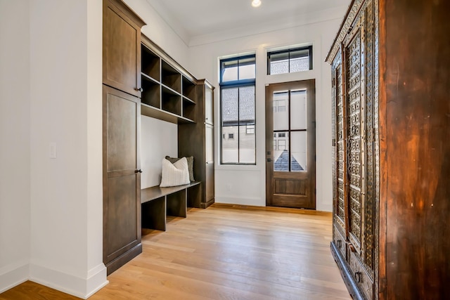 mudroom with light hardwood / wood-style flooring, ornamental molding, and a healthy amount of sunlight