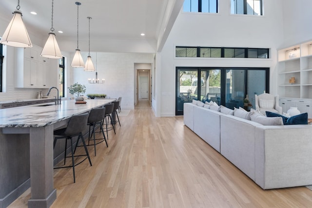 living room with light hardwood / wood-style floors, sink, a high ceiling, ornamental molding, and built in shelves