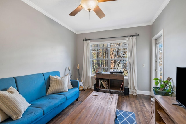 living room featuring ceiling fan, dark wood-type flooring, and crown molding