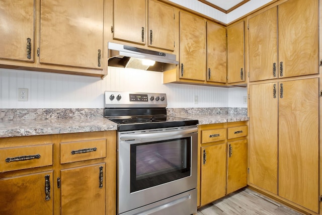 kitchen featuring stainless steel electric range oven and light hardwood / wood-style flooring