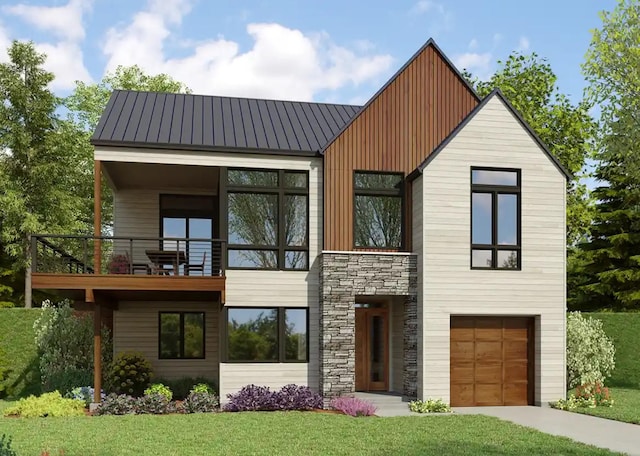 view of front of home featuring a balcony and a garage