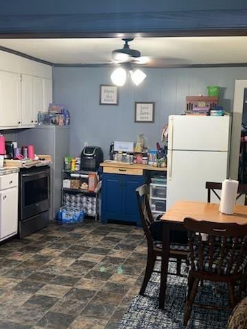 kitchen featuring ceiling fan, white fridge, electric range, white cabinets, and blue cabinets