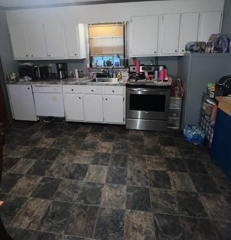 kitchen featuring white dishwasher, sink, white cabinetry, and stainless steel electric range