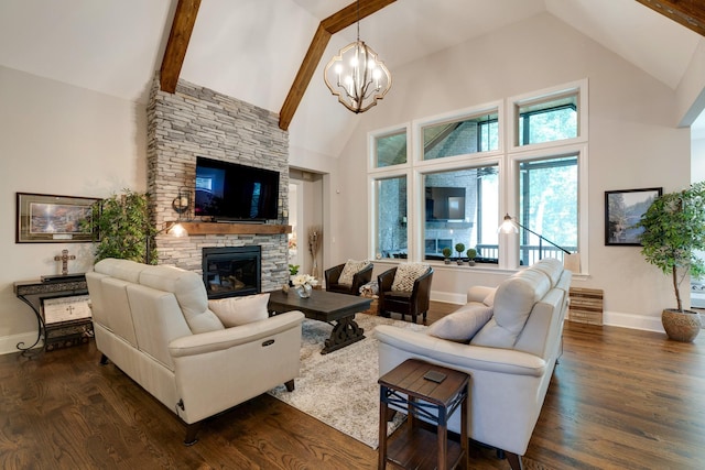 living room featuring high vaulted ceiling, dark hardwood / wood-style floors, and a stone fireplace