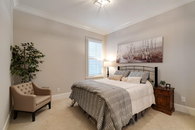 carpeted bedroom with crown molding