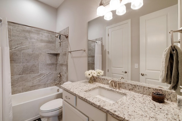 full bathroom with toilet, vanity, and shower / bath combination with curtain