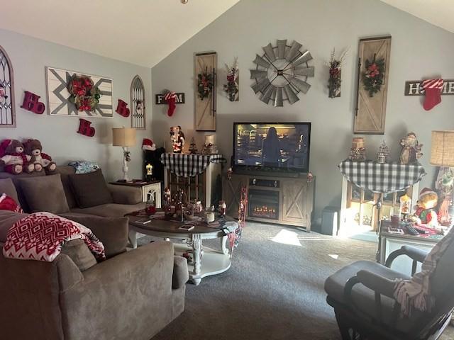 living room with carpet floors and vaulted ceiling