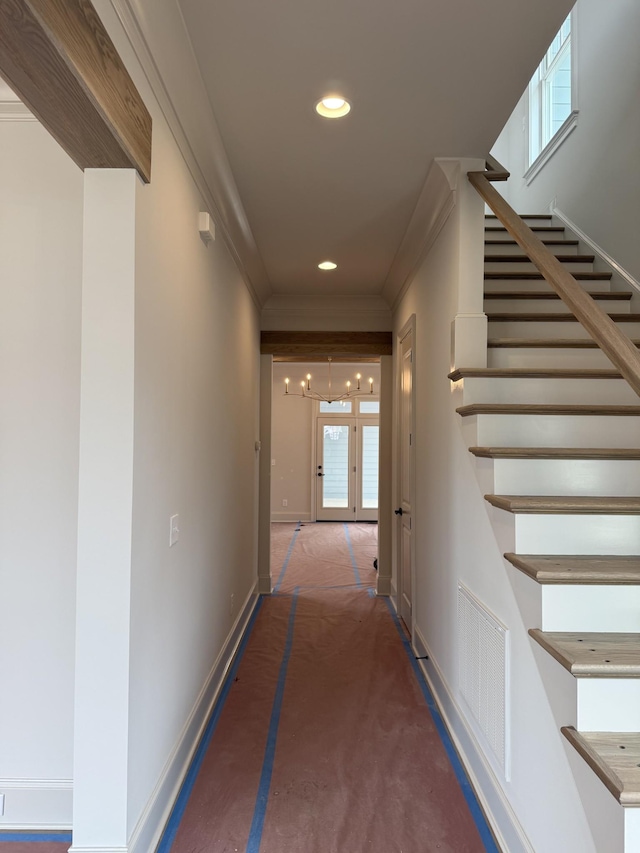 8013 Southvale Blvd, Franklin, TN 37064 - hall featuring ornamental molding, recessed lighting, stairs, and baseboards