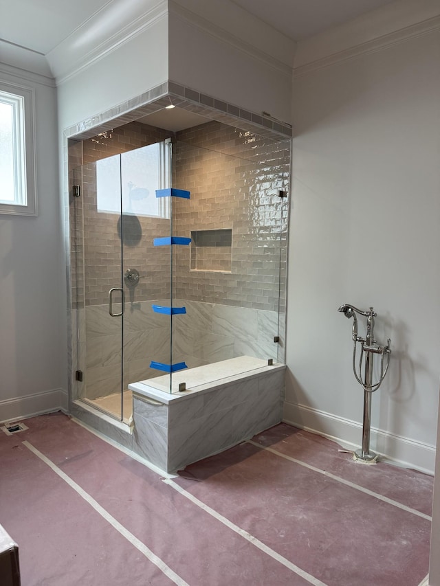 8013 Southvale Blvd, Franklin, TN 37064 - full bathroom featuring a stall shower, ornamental molding, healthy amount of natural light, and baseboards