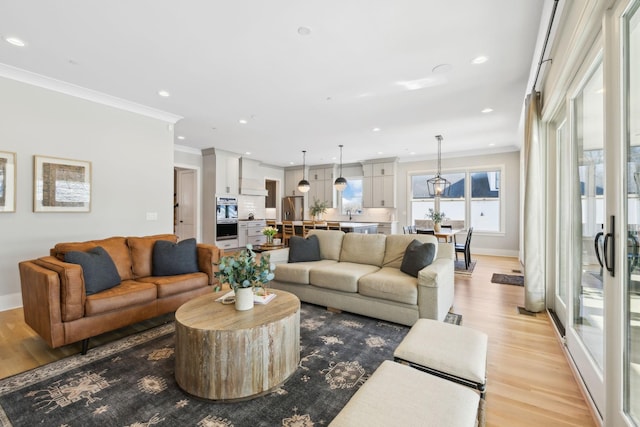 living room featuring crown molding and light hardwood / wood-style flooring