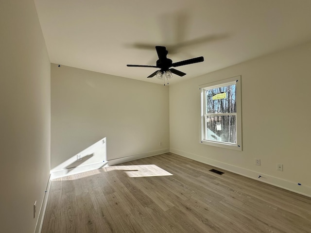 empty room featuring ceiling fan and light hardwood / wood-style flooring