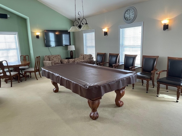 playroom with vaulted ceiling, carpet flooring, and pool table