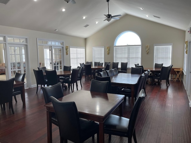 dining space featuring ceiling fan, plenty of natural light, and dark hardwood / wood-style floors