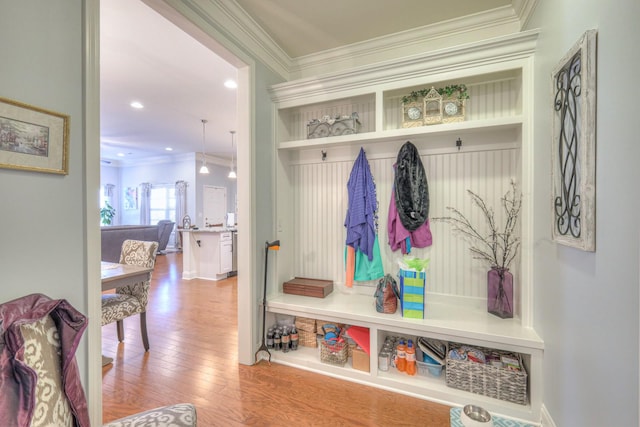 mudroom featuring crown molding and light hardwood / wood-style flooring