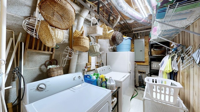 washroom featuring electric panel and washing machine and dryer