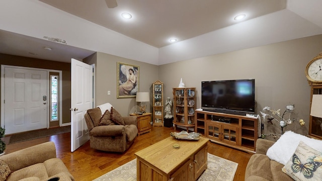 living room featuring light hardwood / wood-style flooring and a raised ceiling