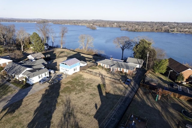 drone / aerial view featuring a water view