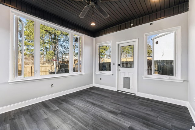 unfurnished sunroom featuring ceiling fan and wooden ceiling