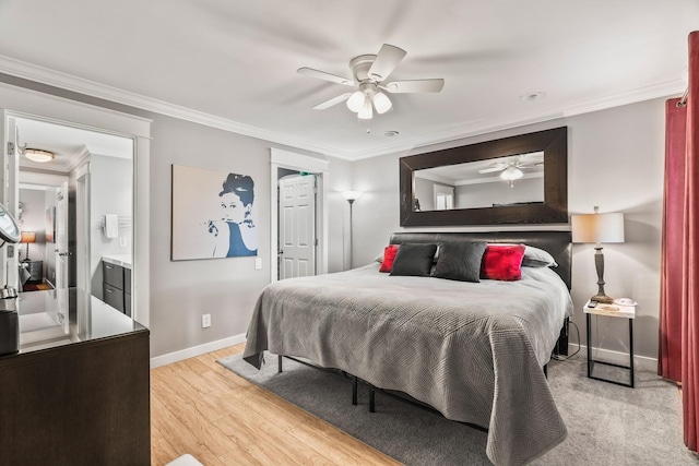 bedroom with ceiling fan, ornamental molding, and light hardwood / wood-style flooring