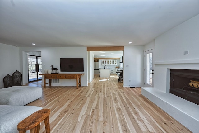 living room featuring light hardwood / wood-style flooring and sink