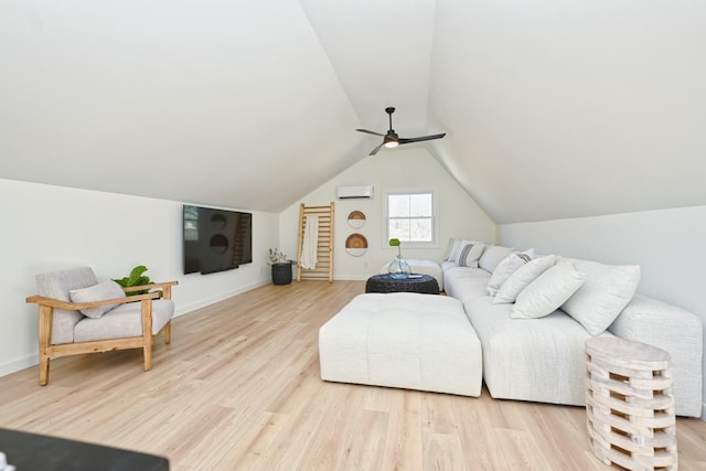 living room with a wall unit AC, ceiling fan, lofted ceiling, and light hardwood / wood-style floors