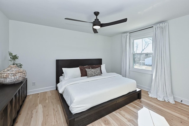 bedroom featuring ceiling fan and light hardwood / wood-style flooring