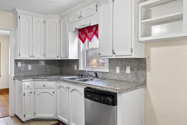 kitchen featuring backsplash, stainless steel dishwasher, sink, and white cabinets