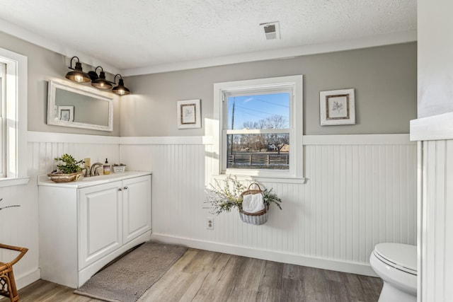 bathroom with toilet, a textured ceiling, hardwood / wood-style floors, and vanity